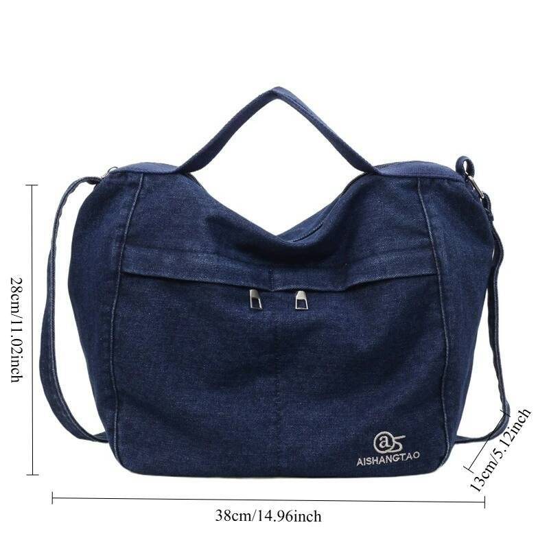 Textured Casual Crossbody Simple Embroidered Shoulder Denim Large Capacity Handle Bag