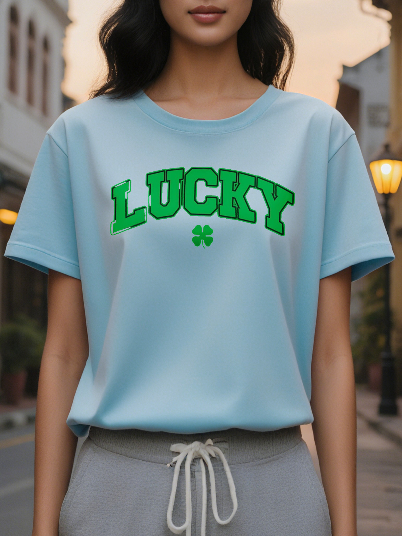 Women's Lucky Four Leaf Clover Print T-Shirt St. Patrick's Day Casual Crewneck Top Cotton Knitted Fabric