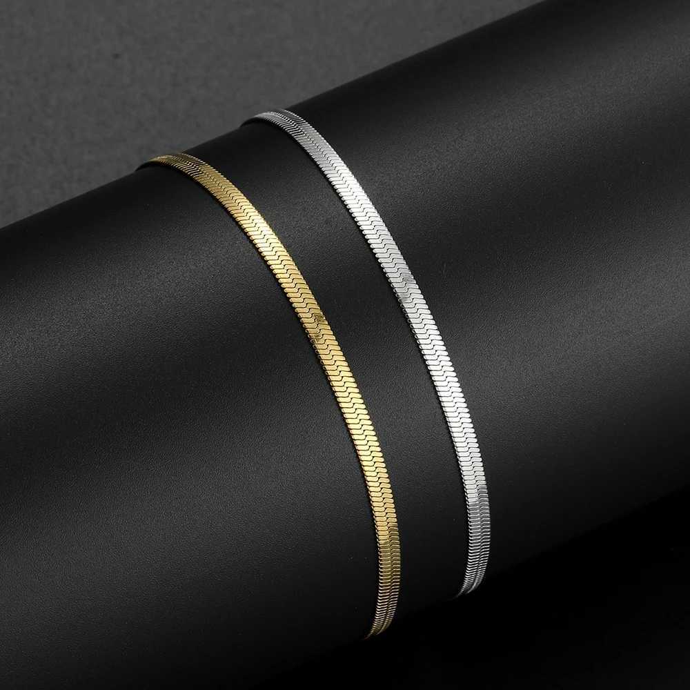 3MM Minimalist Stainless Steel Golden Herringbone Chain Bracelet for Women Men Snake Flat Link Bracelet Fashion Jewelry Gift W250904