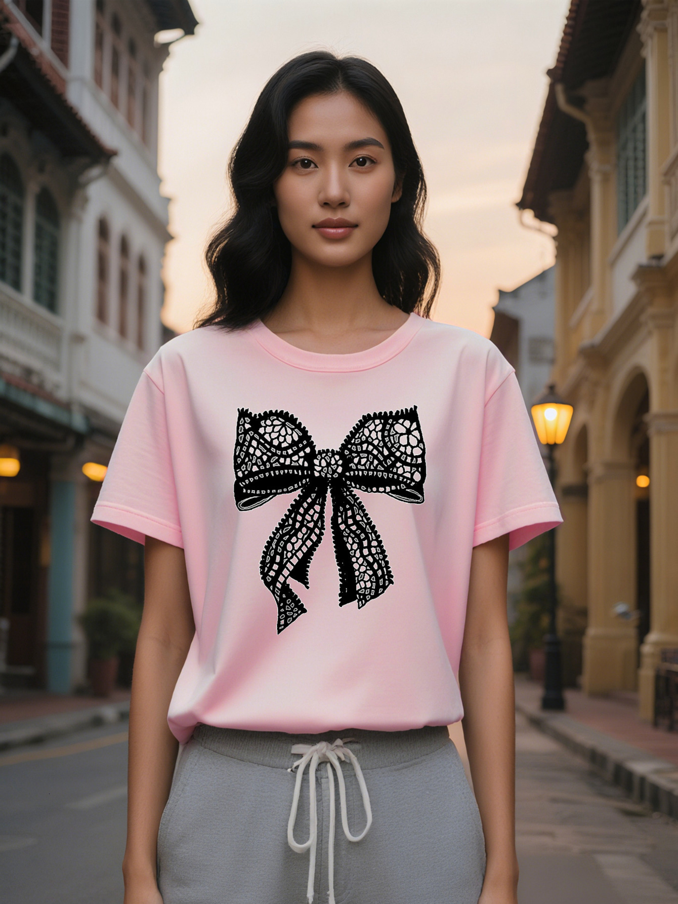 Large XL Women's Casual Crew Neck T-Shirt with Intricate Lace Print Black Soft Stretch Fabric Perfect Summer Ideal Gift for Plus Size