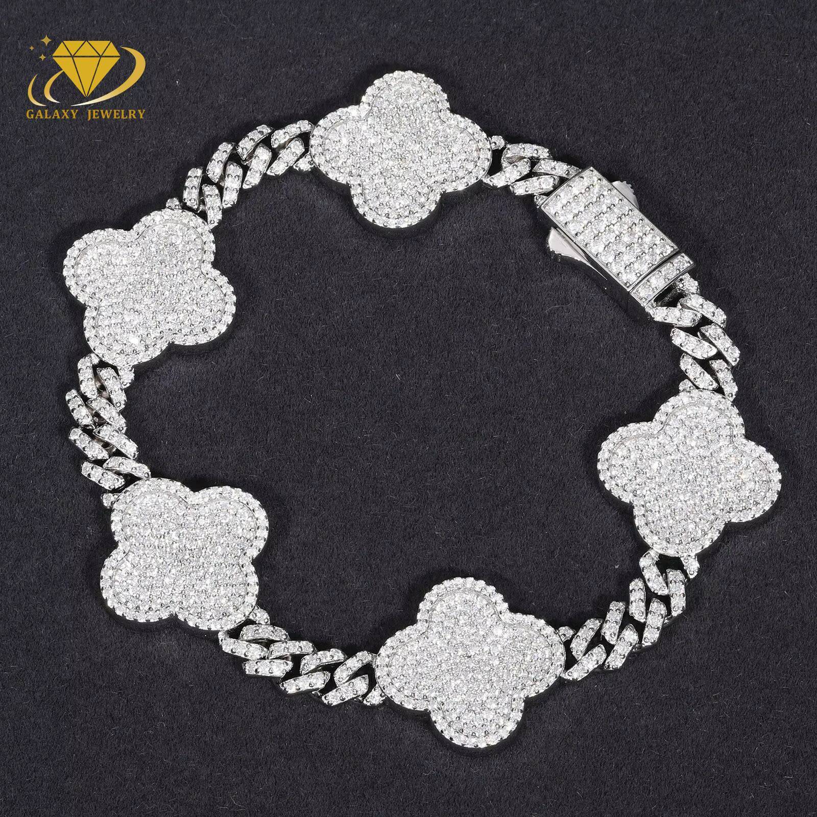 New Arrival Moissanite Chain 6MM Silver 925 Hip Hop Lucky Four Leaf Clover Moissanite Miami Cuban Link Chain Bracelet Necklace