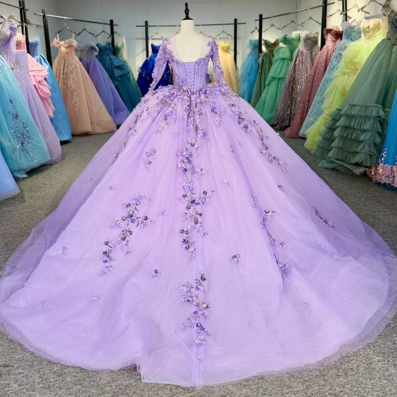 Light Lilac Shiny Princess Off the Shoulder Sweet 16 Dress Quinceanera Dresses Applique Flower Beads Tull Party Birthday Vestidos 15 Anos