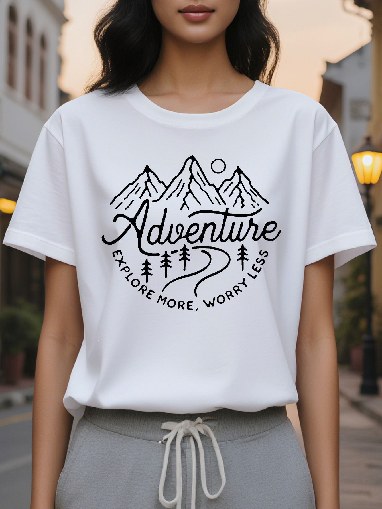 Large XL Women S Adventure Themed Explore More Worry Less Mountain Design Casual Round Neck T-Shirt Soft Cotton Plus Size