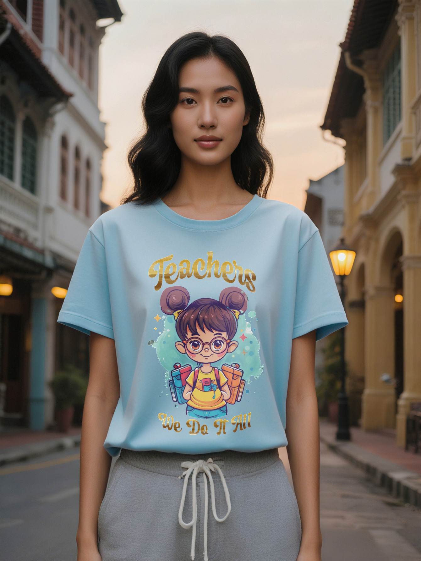 Lady T Shirt with Cartoon Girl Glasses Teachers We Do It All Print Black Tee, Washable Regular Fit Top for