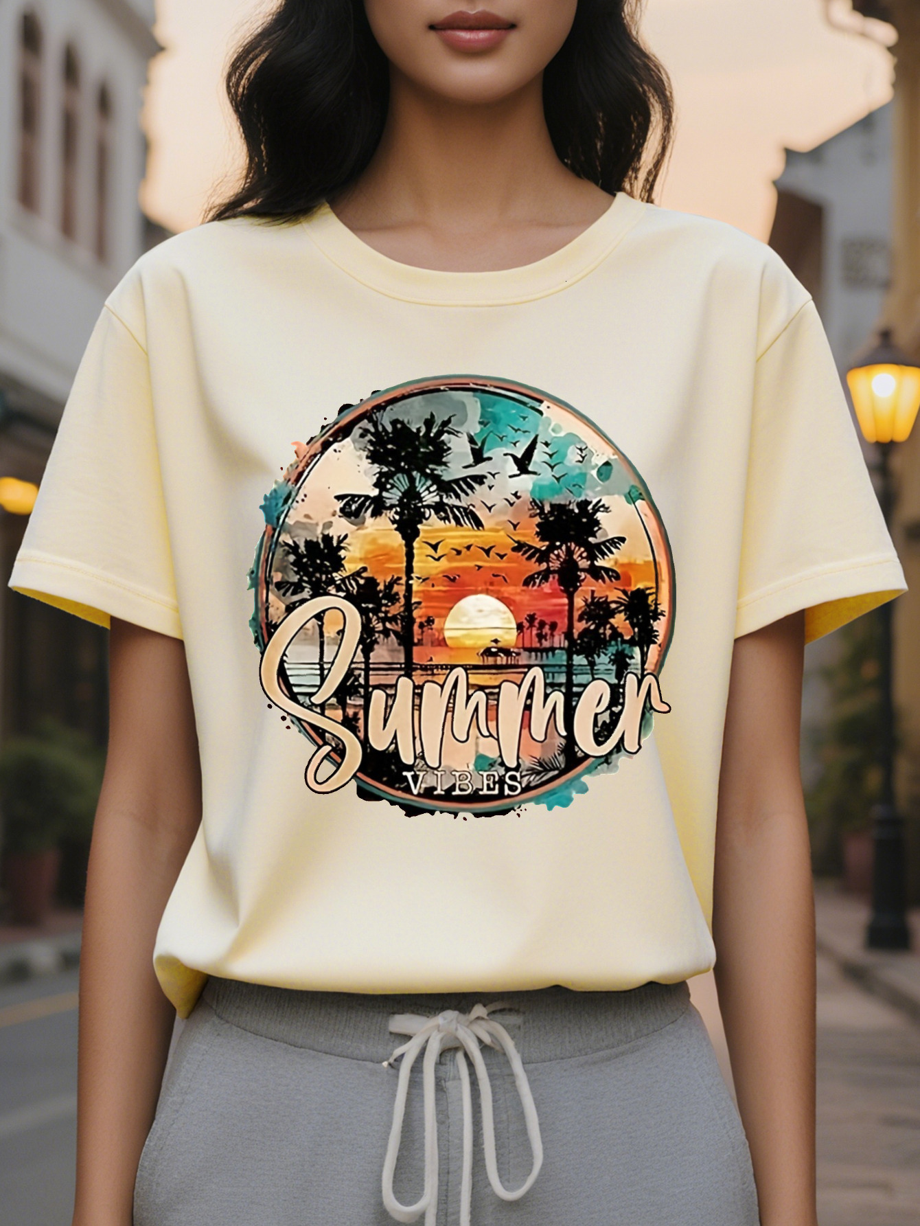 Women s Casual Sleeveless Round Neck Top with Tropical Summer Letter Print Peach Black Striped Design