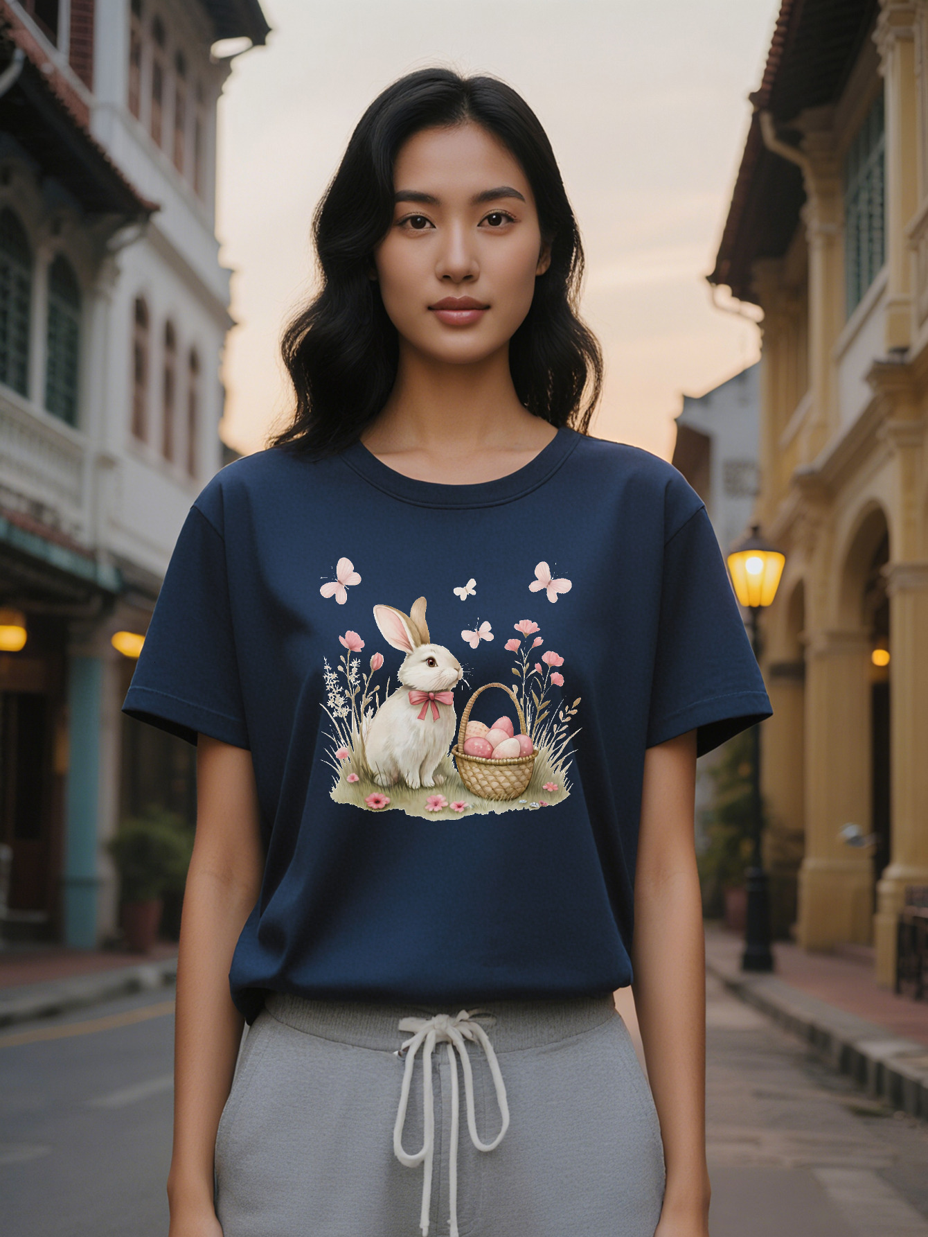 Large XL Women's Versatile T-Shirt with Cute Rabbit and Pink Bow Print Soft Fabric Summer Style Perfect Gift for Women Casual Plus Size