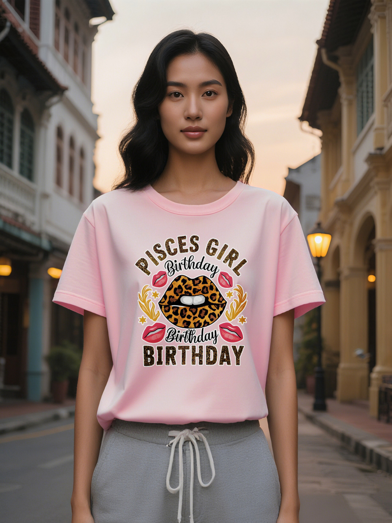 Large XL Lady Casual Crew Neck T-Shirt with Pisces Girl Birthday Graphic Black Leopard Print Lips Golden Text Design Summer Plus Size