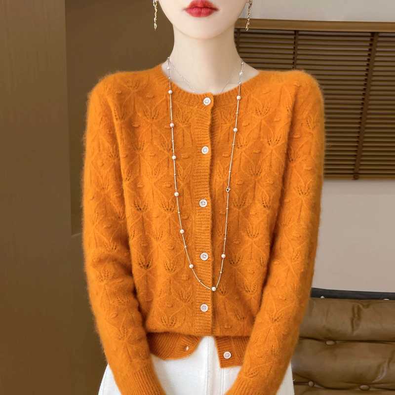 Autumn And Winter New Round Neck Hollowed Out 100 Wool Knitted Cardigan Womens Versatile Coat Loose Casual Sweater DMR281 M250904