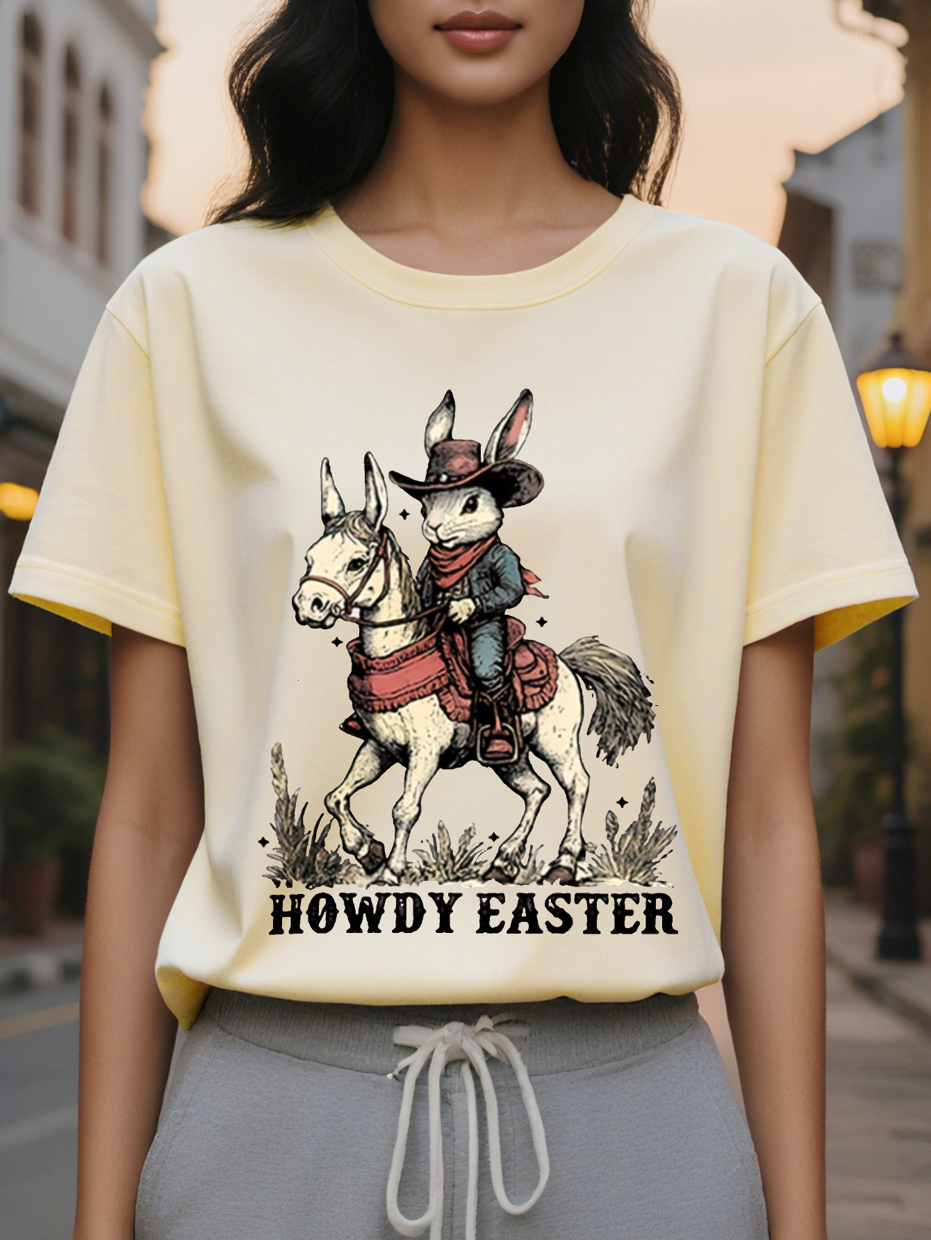 Howdy Easter Pattern Printed Women's Short Sleeve T-Shirt Light Gray Round Neck with Denim Rabbit Design Comfortable