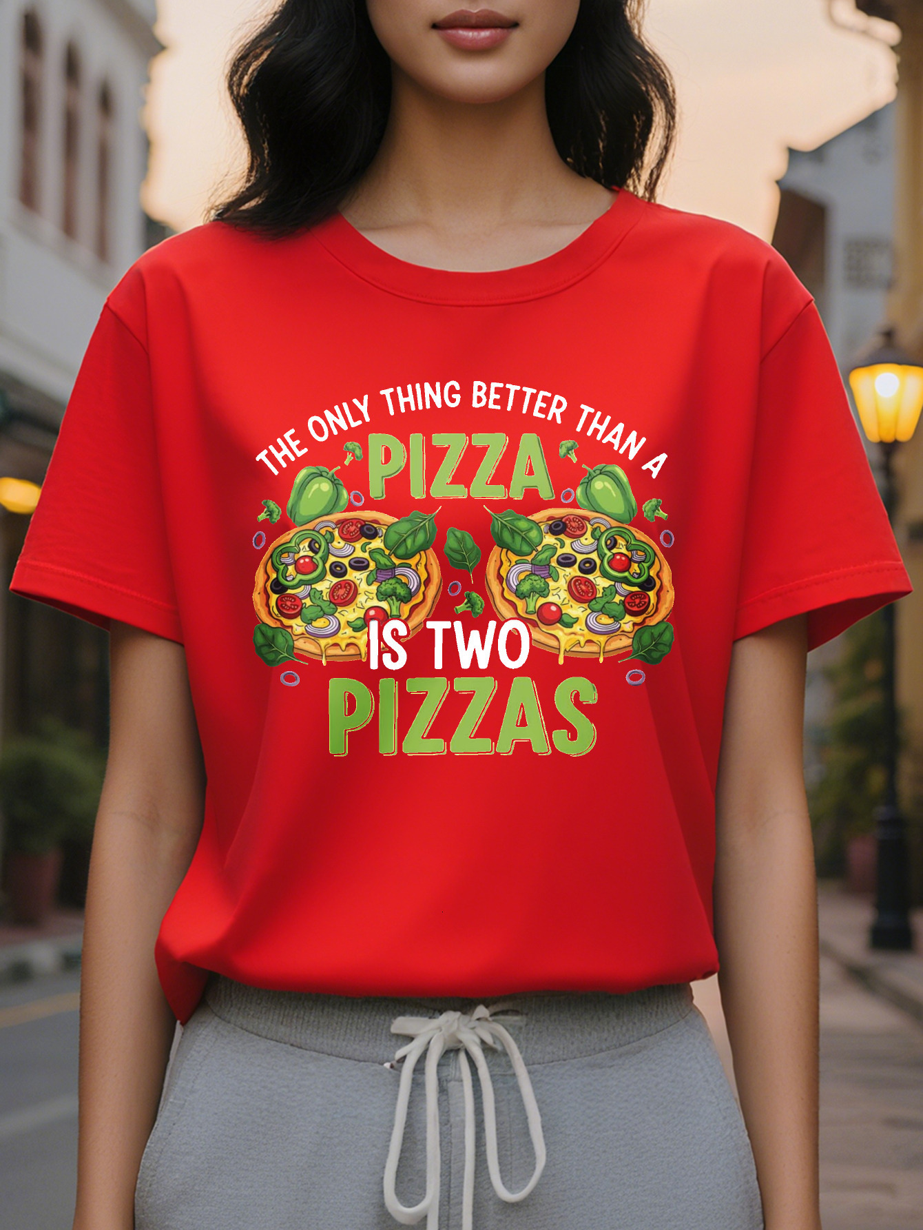 Women's Fun Lover T-shirt Pizza is my love language Two pizzas with pepperoni vegetable design Casual round