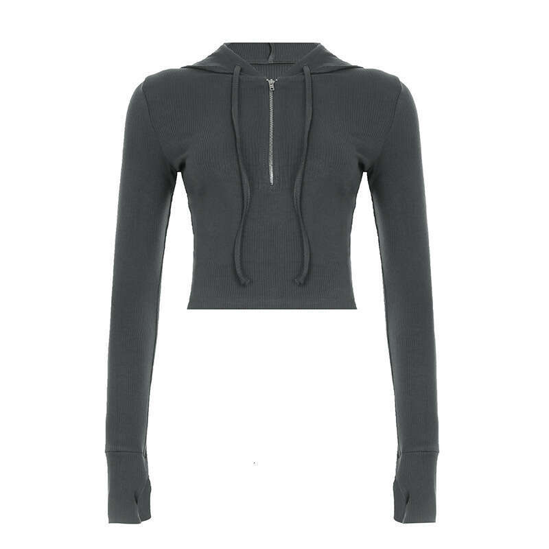 Cross-Border European and American Style Solid Color Sports Fitness Running Top Yoga Slim Fit Autumn Winter Outerwear Hooded Zipper T-Shirt for Women