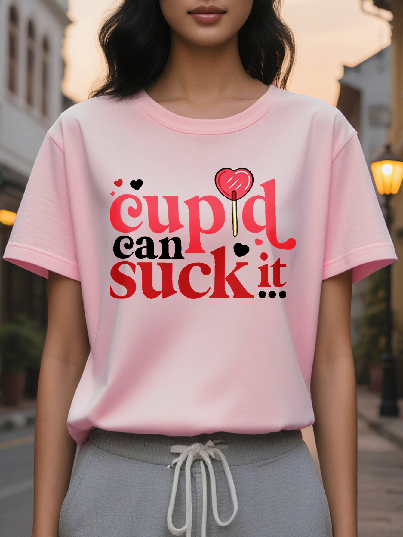 Ladies casual round neck T-shirt printed Cupid can suck it cotton knit fabric regular length spring and