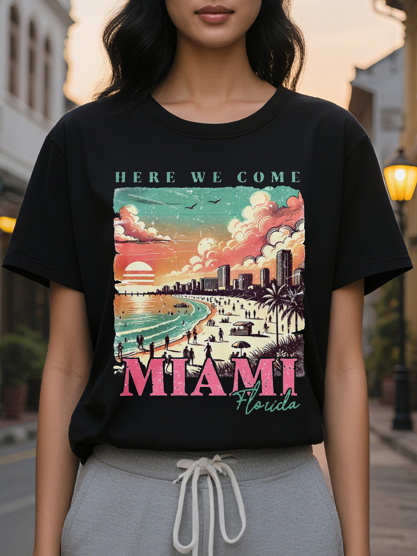 Miami Florida sleeve T-shirt vivid sunset design casual round neck regular version very suitable for autumn