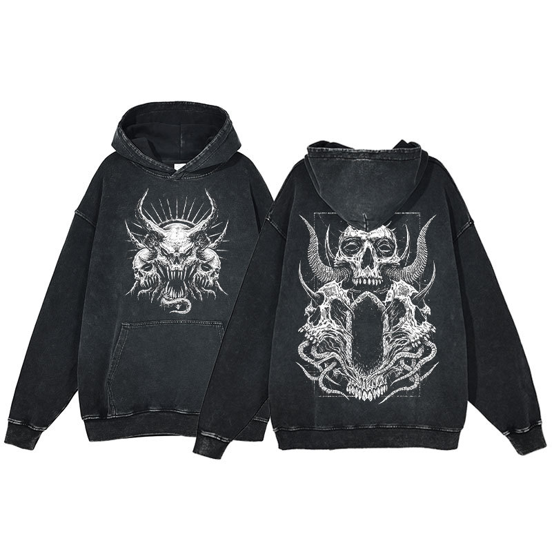 Anime Hoodie for Men: Harajuku Hip-Hop Washed Hoodie with Skull Print Y2K Style for Women: Casual Gothic Vintage - VT2739