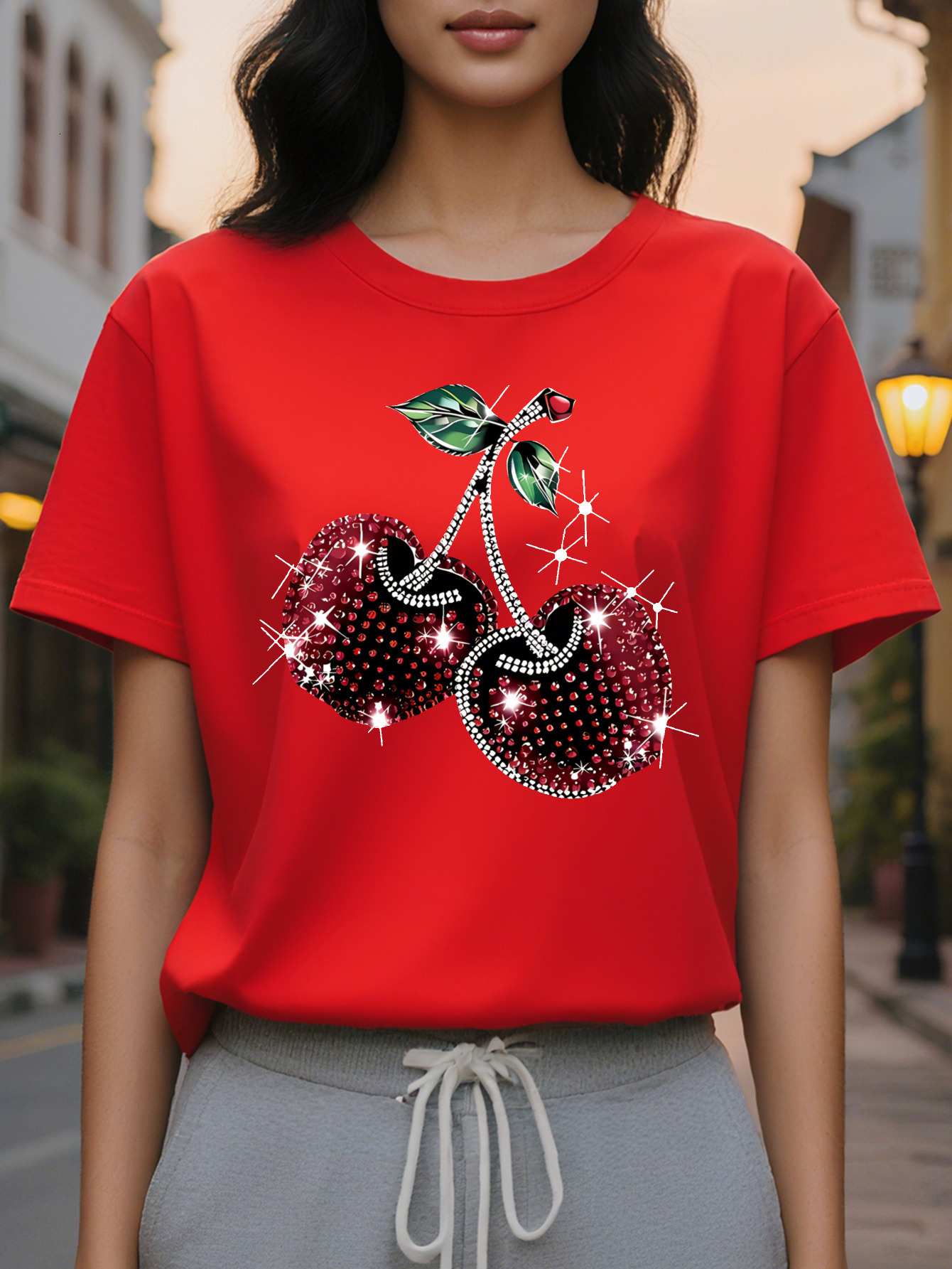 Cherry Fruit Circle Print T-Shirt Short Sleeve Round Neck Casual Wear