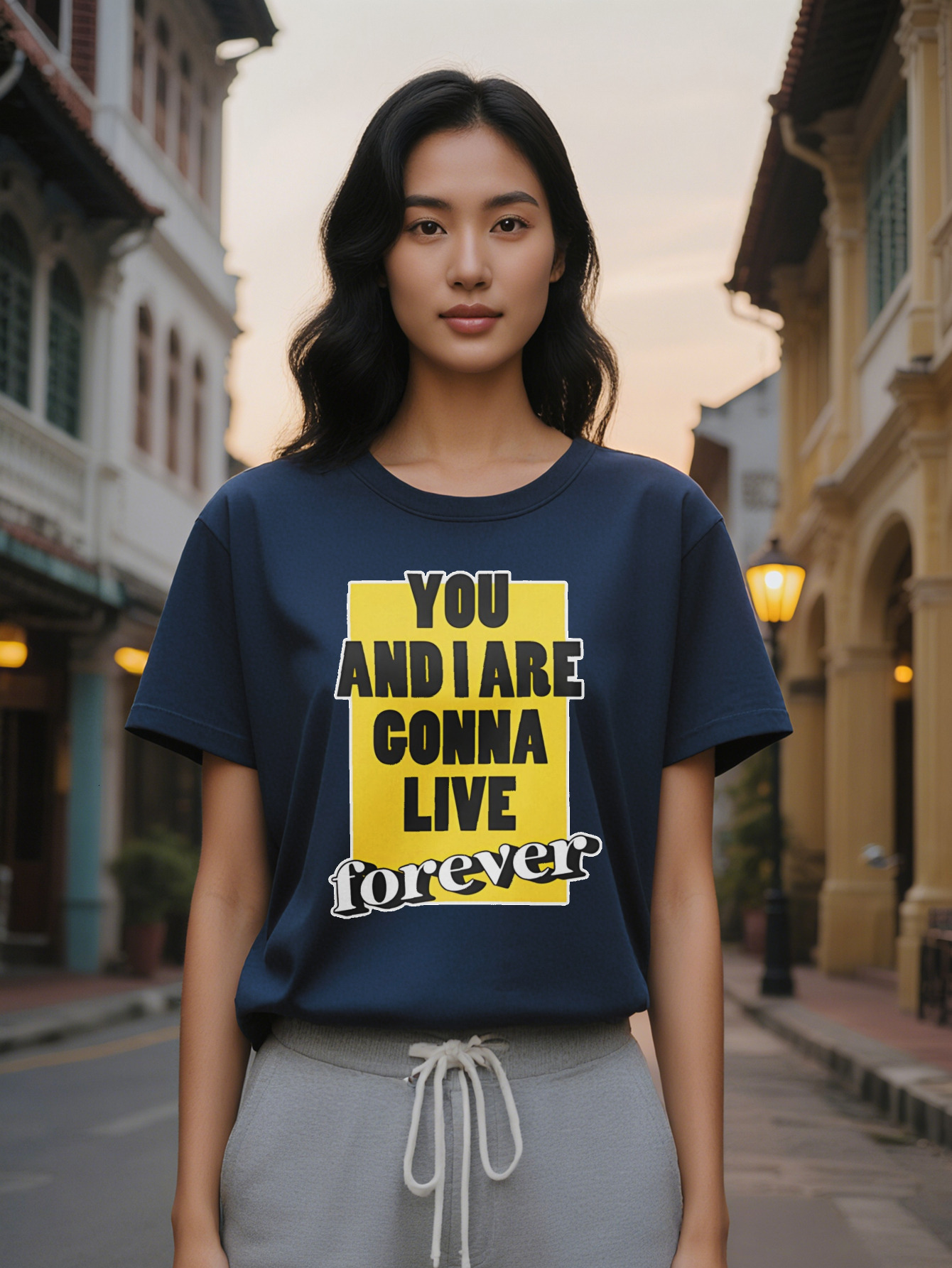 Lady Casual Crew Neck T-Shirt with You and I Are Gonna Live Forever Graphic Yellow Black Print Perfect for Summer