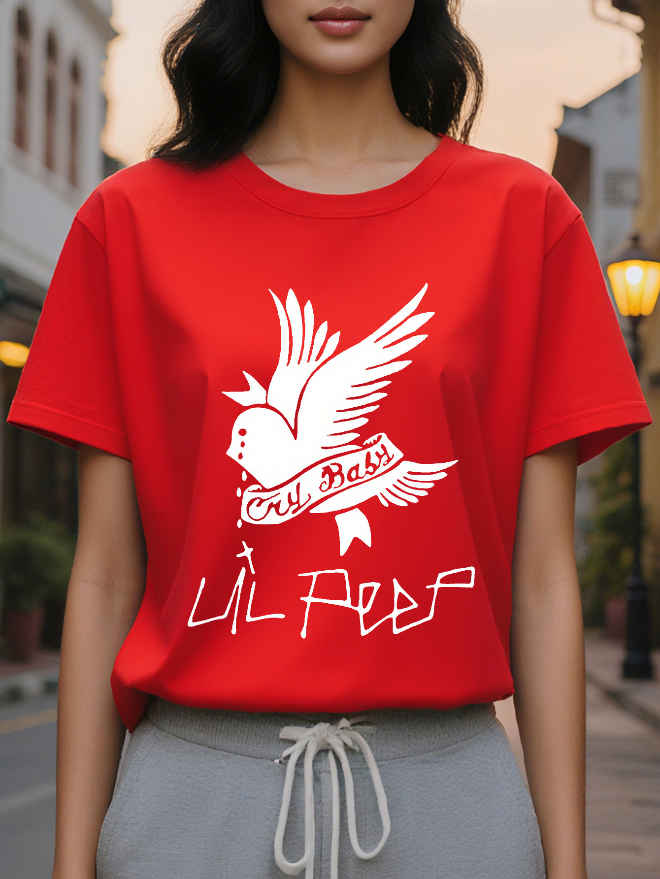 Peep Women's Bright Pink Pattern T-Shirt The Birds Letter Design Spring and Summer Casual Loose Short Sleeve