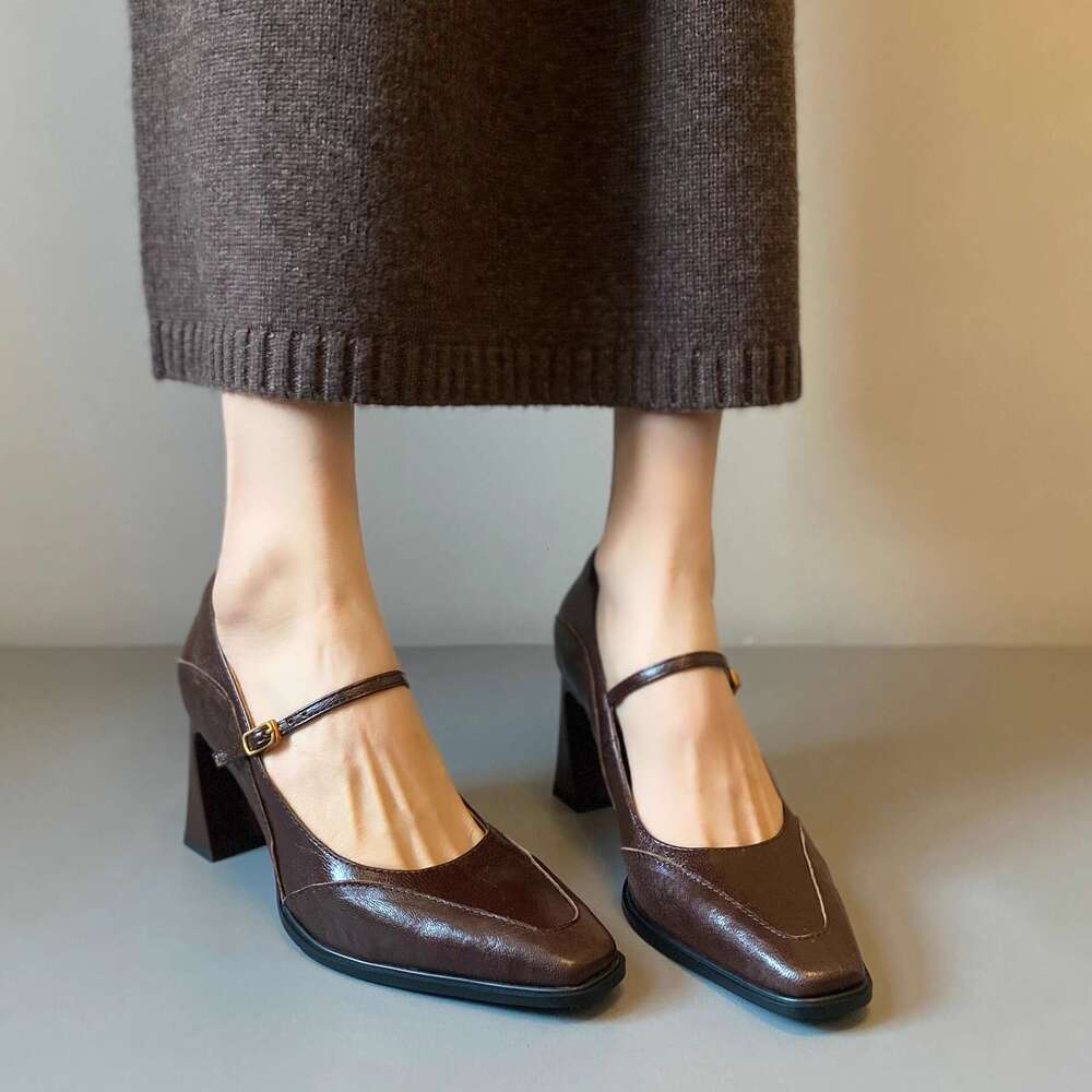 Shallow Mouth Single for Women French Style Designer Shoe High Mary Jane One Strap Small Squ Toe Chunky Heel Fashion Shoes
