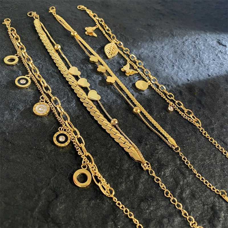 18K Goldplated Stainless Steel Bracelets for Women Luxury Brand Quality Double Layer Round Pendant Bracelet Jewelry Y250904