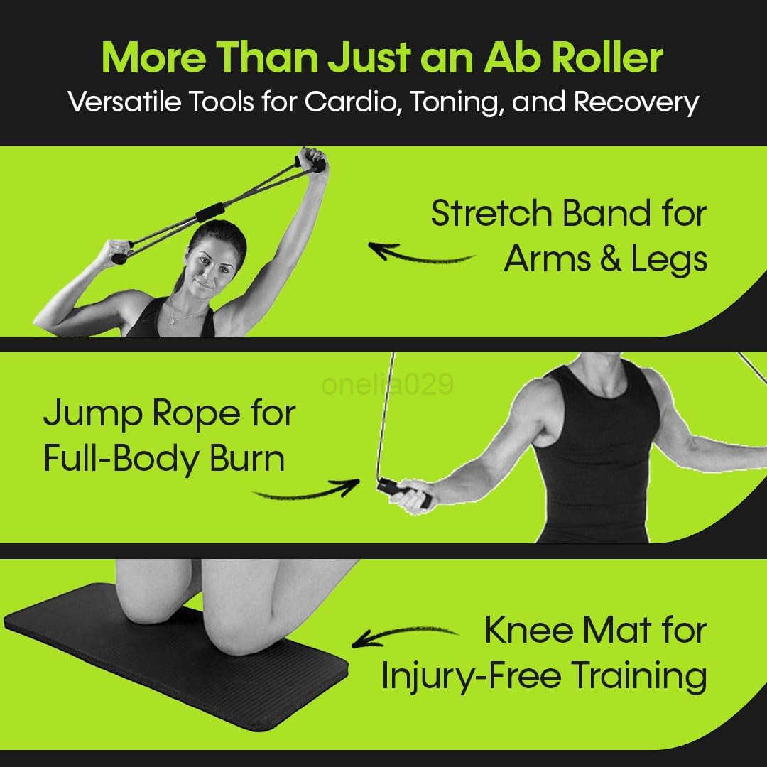 Ab Wheel Roller 4 in 1 Ab Roller Kit with Knee Mat Jump Rope Stretch Band Abs Workout Equipment for Home Gym Abdominal Wheel for Full Body Strength Tr