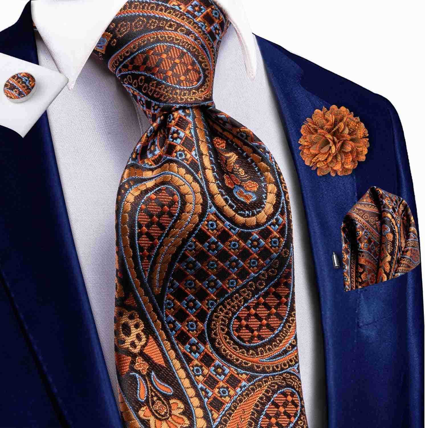 Men Silk Ties Set with Flower Lapel Pin Necktie Pocket Square Cufflinks for Tuxedo Wedding BusinessW250904