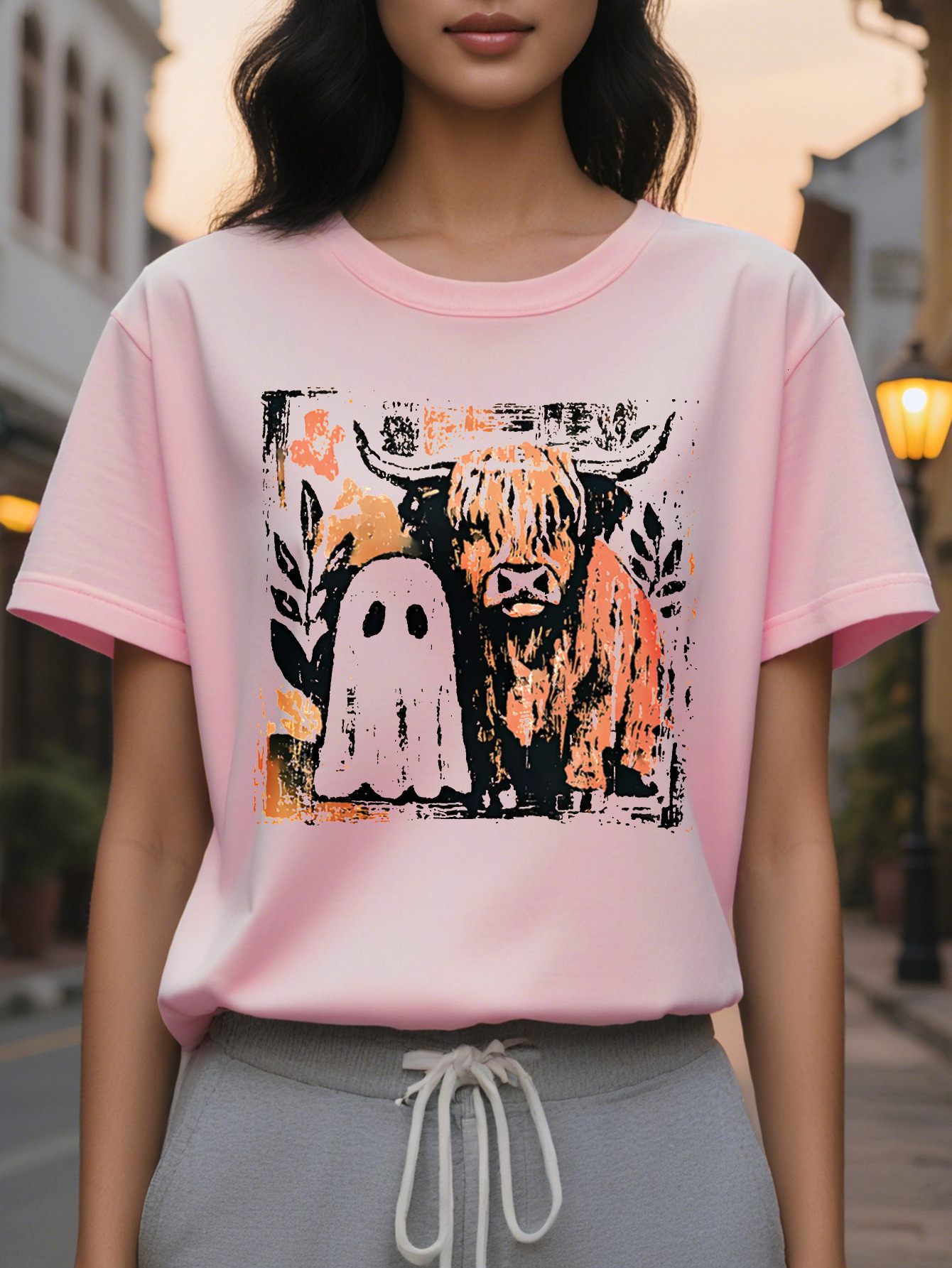 Women s Halloween Round Neck Pullover with Scottish Print Beige Orange Plaid Pattern Cozy Fall Christmas and Casual