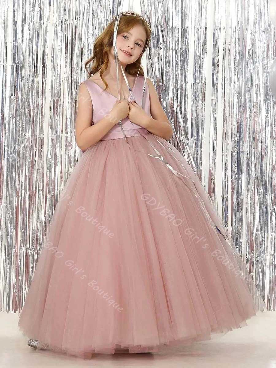 Ankle Length Flower Girl Dress for Wedding Toddlers Double V Neck Communion Dress With Bow 2-14 Kids Custom Birthday Ball Gown Z250904