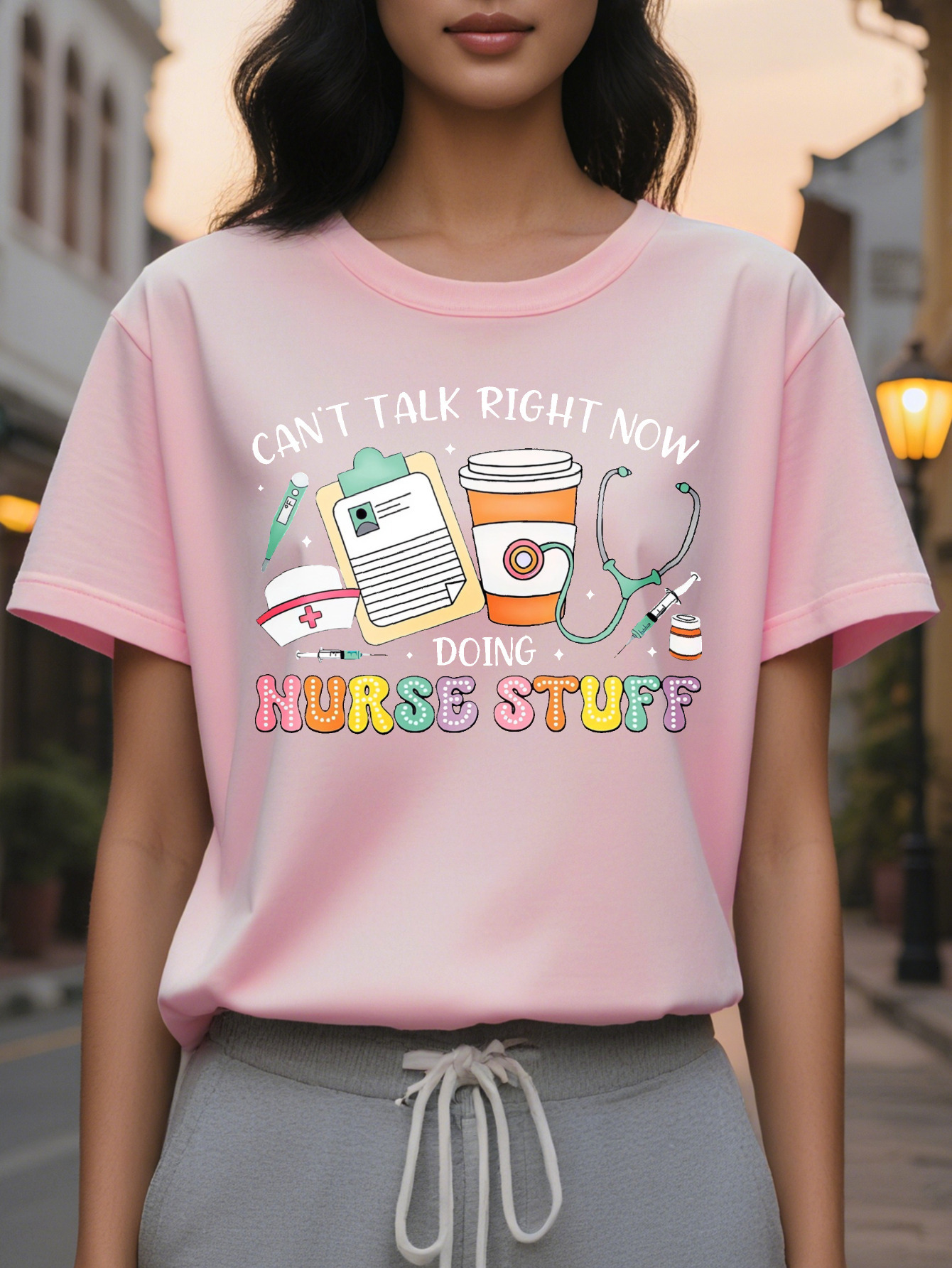 Large XL Tee Breathable Medium Stretch Women's Nurse Themed Graphic T-Shirt Can't Talk Right Now Doing Stuff Slogan with Icons Plus Size