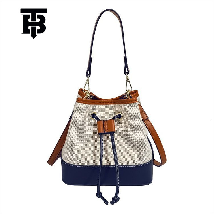 TB BHULAMTE Women's Bag Foreign Trade New Canvas Color-Block Handbag Bucket Bag Street Fashion Textured Drawstring Single Shoulder Designer s bag