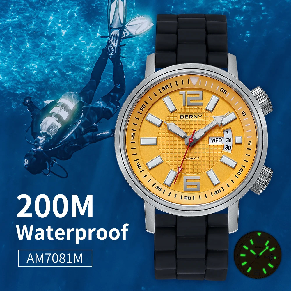 BERNY 20ATM Diver Automatic Mechanical Watch for Men Super Luminous Waterproof Swimming Dive Wristwatch Sapphire Self Winding 250903