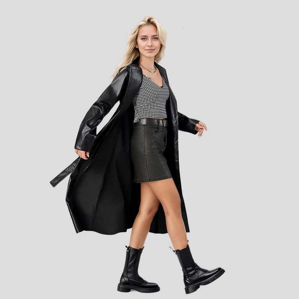 Extra Long Bathrobe Trench Spring Autumn Wrinkle-Resistant Fashion Women's Leather Coat New Style