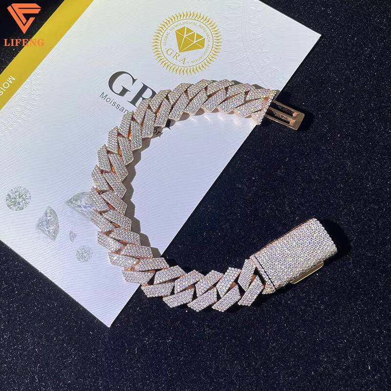 New Trendy Mens Hip Hop Bracelet Fine Jewelry Rose Gold Ice Cuban Link Chain VVS Moissanite 925 Sterling Silver Great Gift Idea