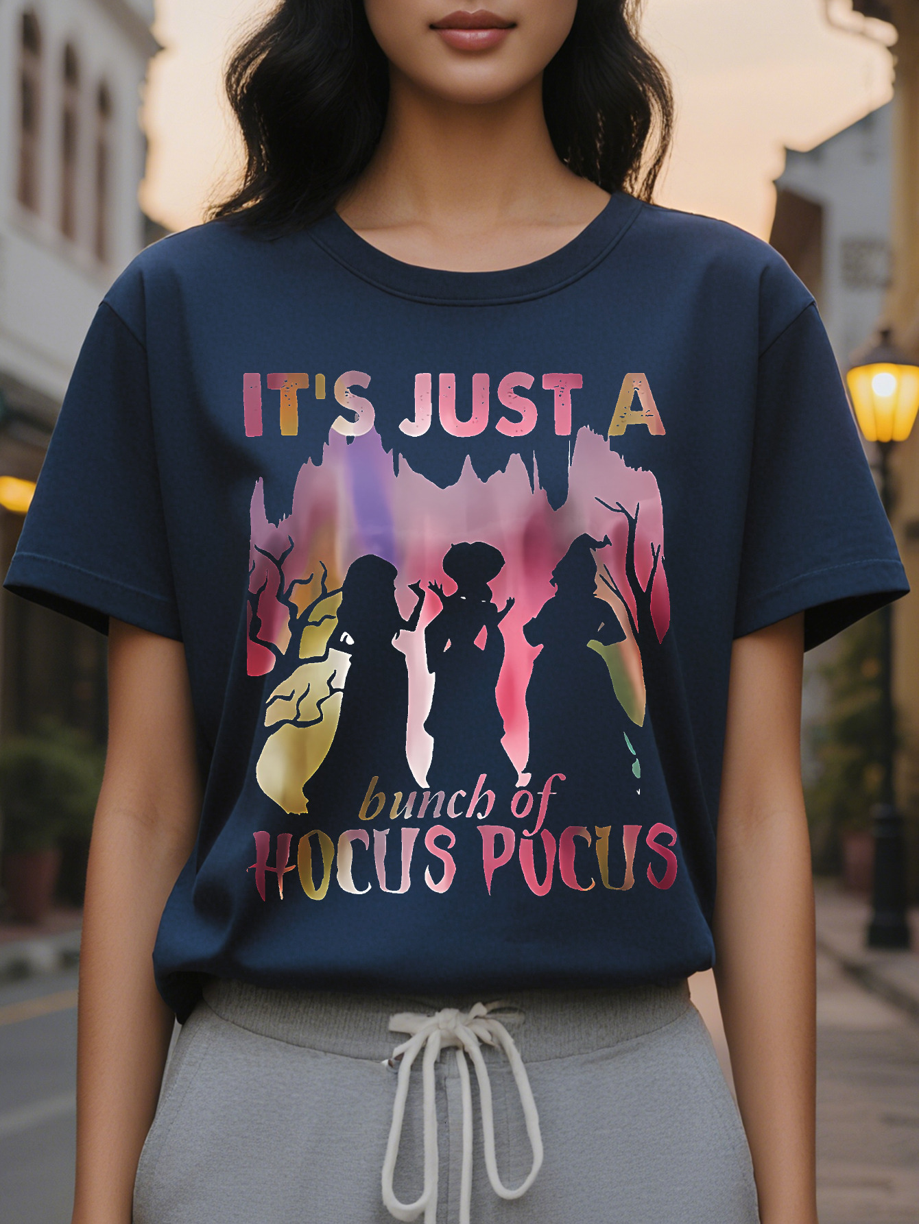 Women S T Shirt Spooky Ghosts Pumpkins Vampires Witches Brooms Demons Graphic Tee Black Crew Neck Short Sleeve Top