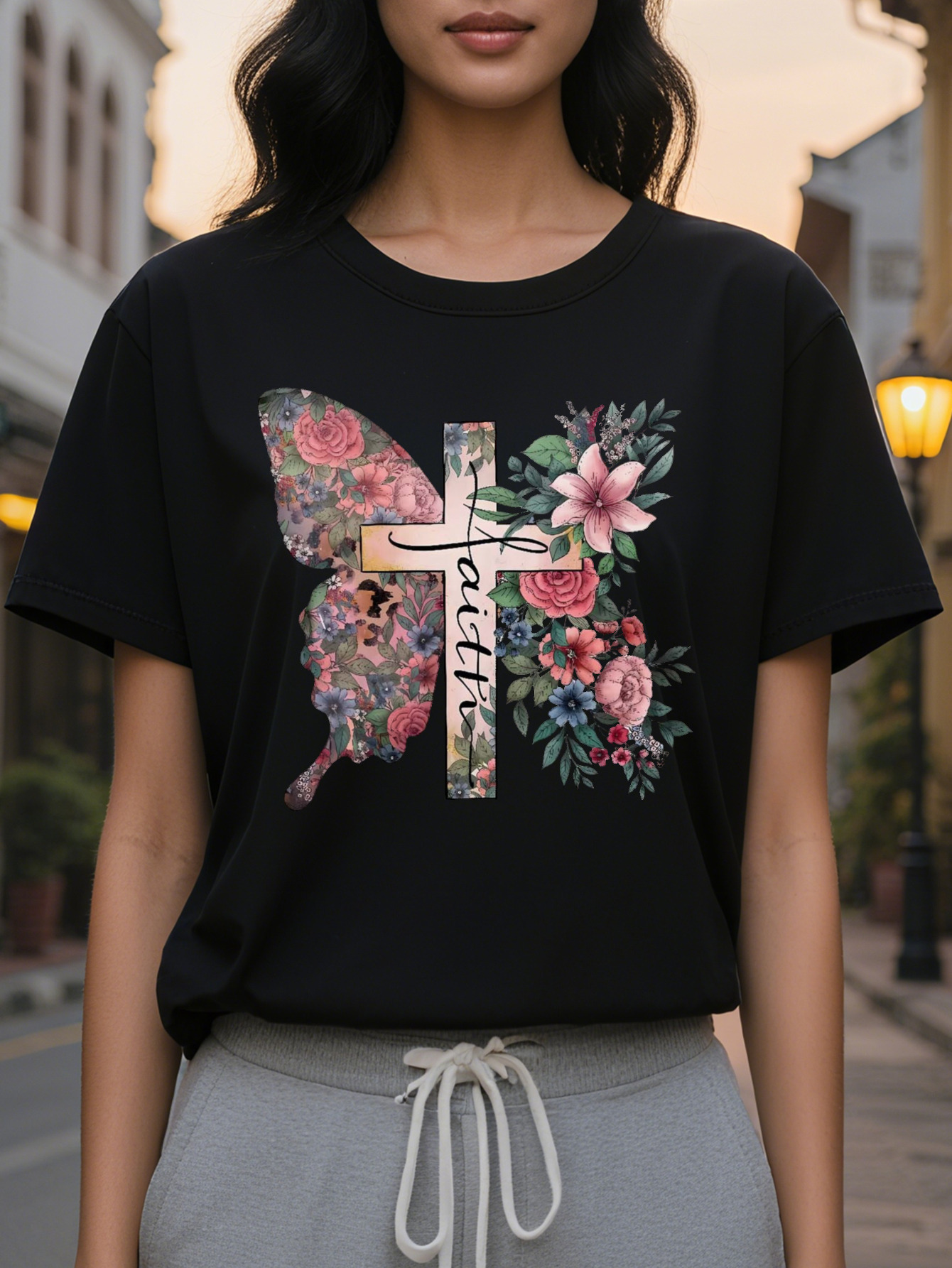 Butterfly and Cross Print Short Sleeve T-Shirt Round Neck Casual Summer Spring Top Women's Clothing
