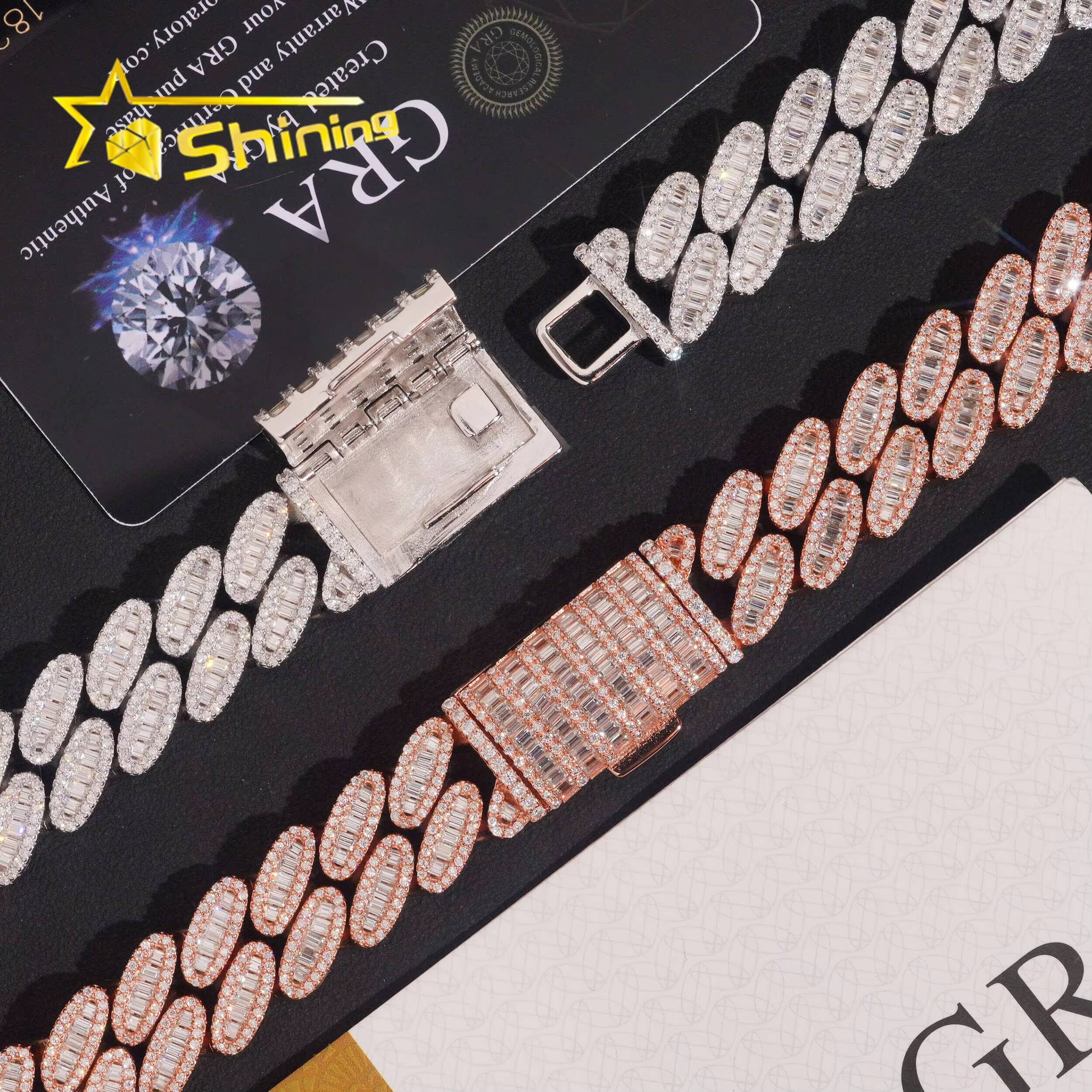 925 Sterling Silver Jewelry GRA Certificate 15mm Baguette Moissanite Hip Hop Cuban Link Chains Necklace