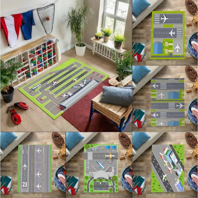 Kids Play Area Rugs Airport Landing Strips Top View Aircraft and Airplane Arrival Carpet Kids Bedroom Playroom Nursery 3D Decor 250903