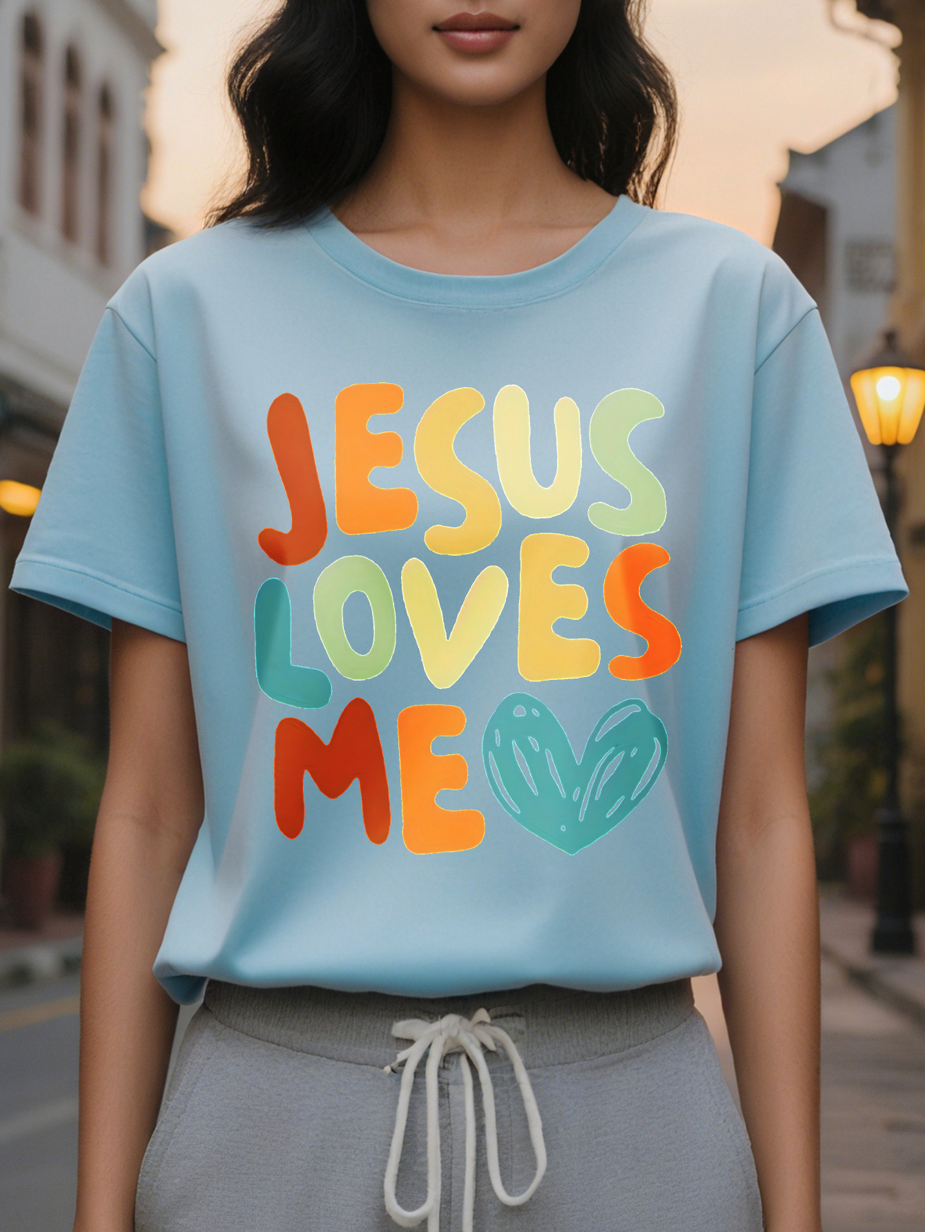 Jesus Love Me Heart Letter Short Sleeve T-Shirt Round Neck Casual Summer Spring Top Women's Clothing