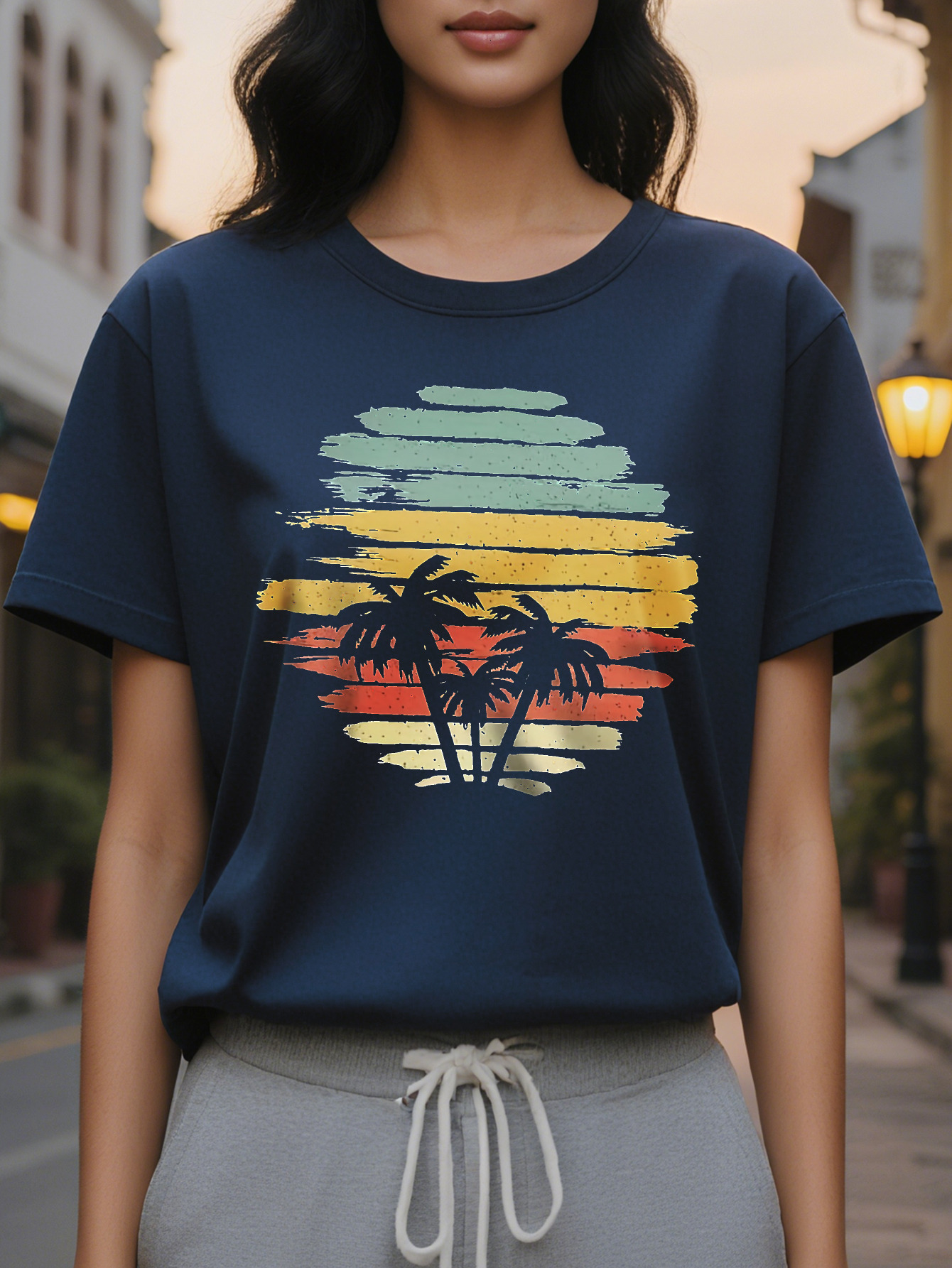 Vibrant Coconut Tree Print Relaxed Fit Crew Neck Tank Top Soft Breathable Sleeveless Perfect for Summer Women
