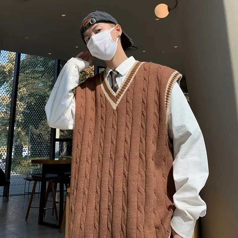 Sweater Vest Men V Neck Sleeveless Knitted Vests Tops Coats Knit Sweaters Splice Casual Loose Top Regular Autumn WinterXJ250904