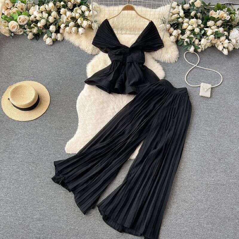 High-End Elegant Fashion Suit Women's Summer Pleated Sleeveless Chiffon Top + High-Waisted Wide-Leg Pants Two-Piece94