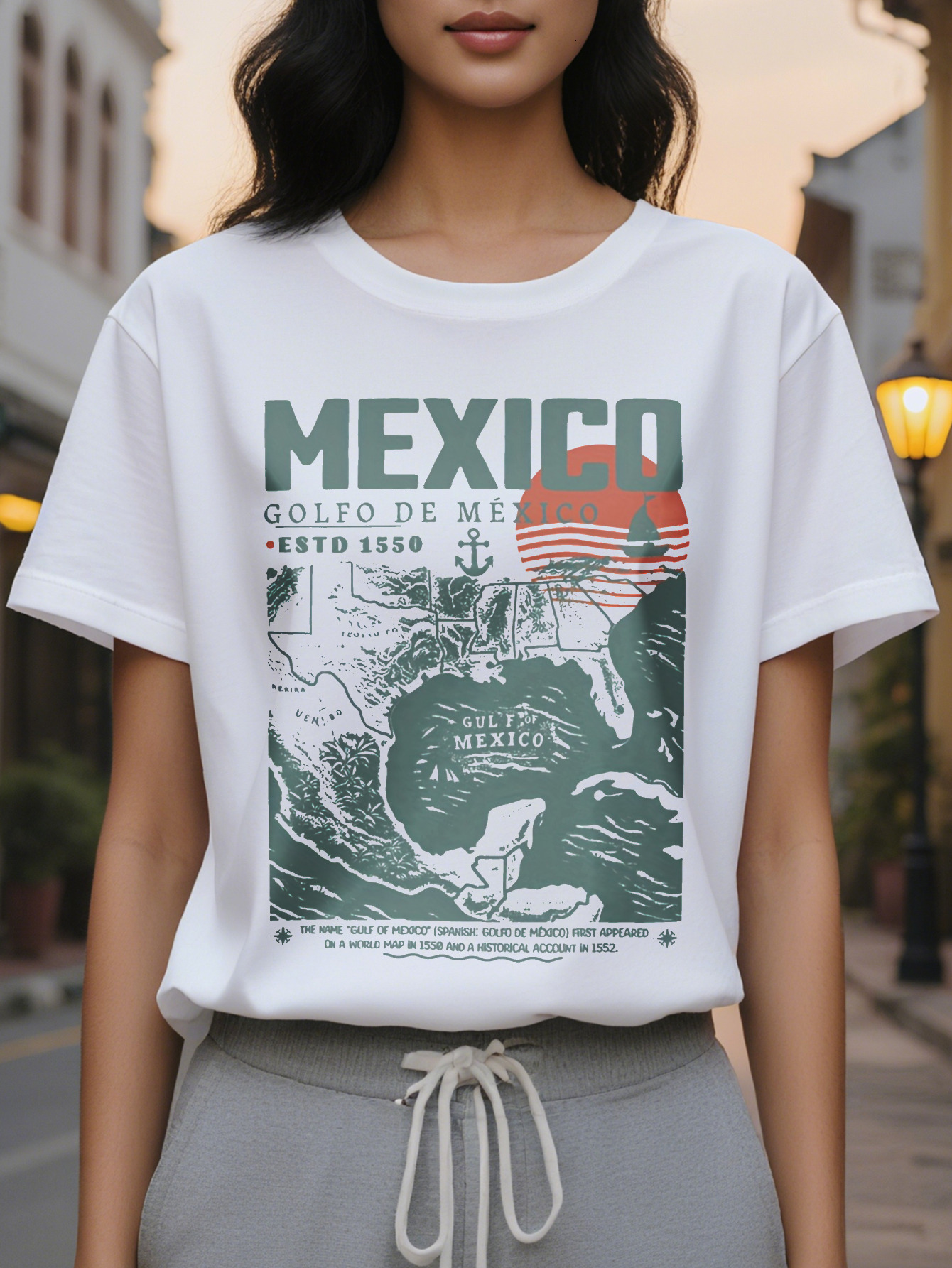 Women's Retro Gulf of Mexico Pattern T-Shirt Patriotic American Nautical Design Coordinates Loose Fit Short