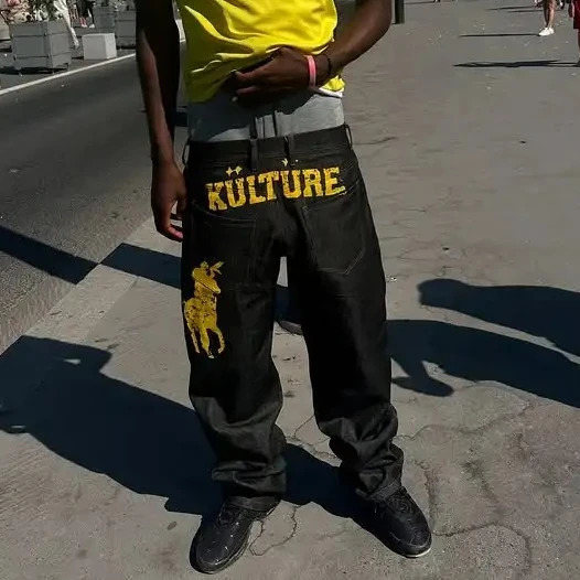 American Vintage Jeans Y2K Clothes Mens Hip Hop Lettering Graphic Print Washed Black Baggy Low Waist Wide Leg Trousers 250823