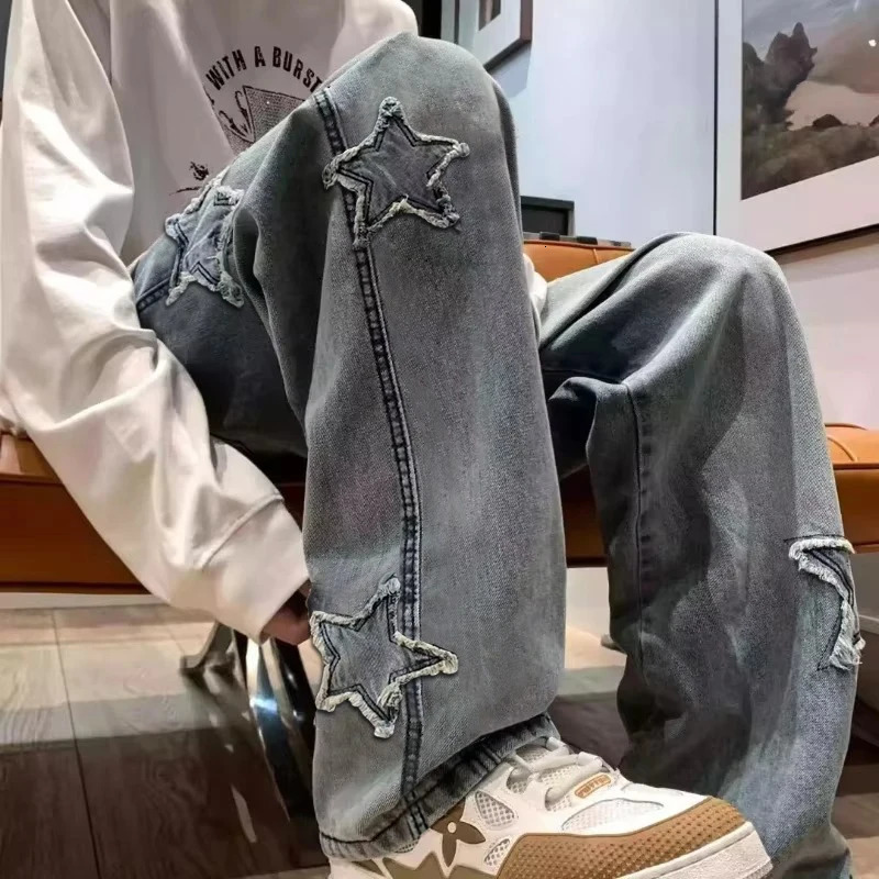 Stars Patchwork Men Jeans Fashion Y2K Tassel Pants Korea Clothes Straight Hip Hop Splicing Trousers Male Streetwear 250823