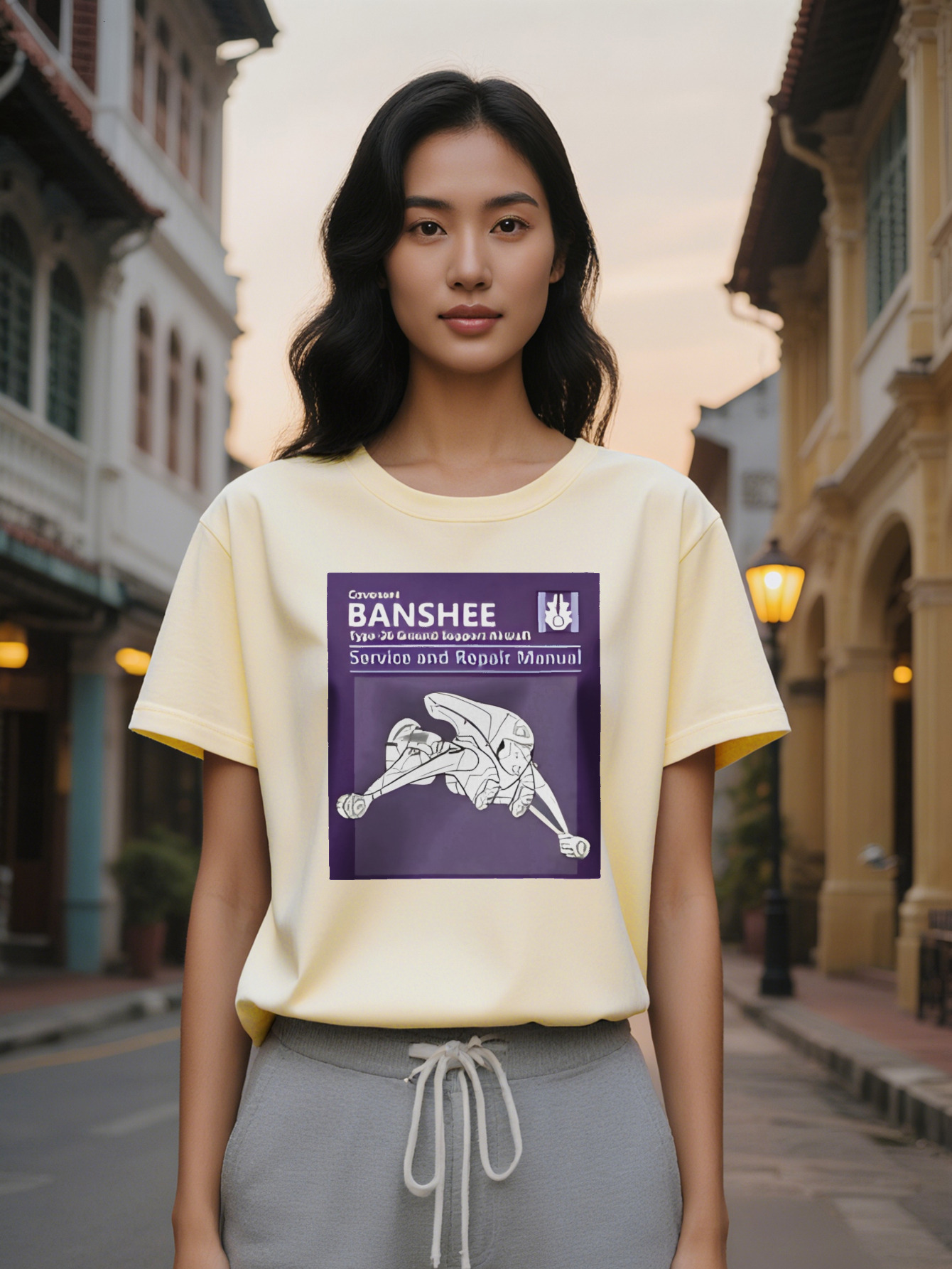 Large XL Women's T-Shirt BANSHEE Repair Service Print Deep Purple Background Washable Tee Regular Fit Gift for Women Plus Size