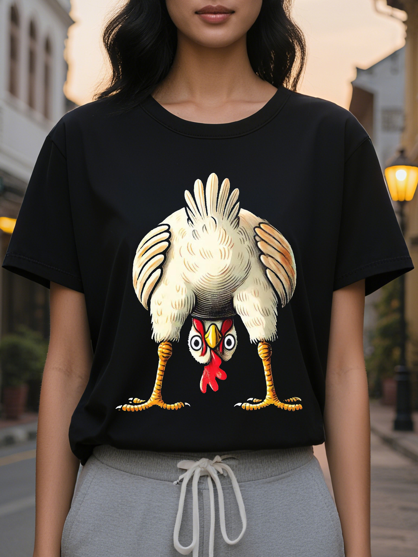 Women's Interesting Chicken Pattern Short Sleeve T-Shirt Black Round Neck Casual Jacket Cartoon Washable