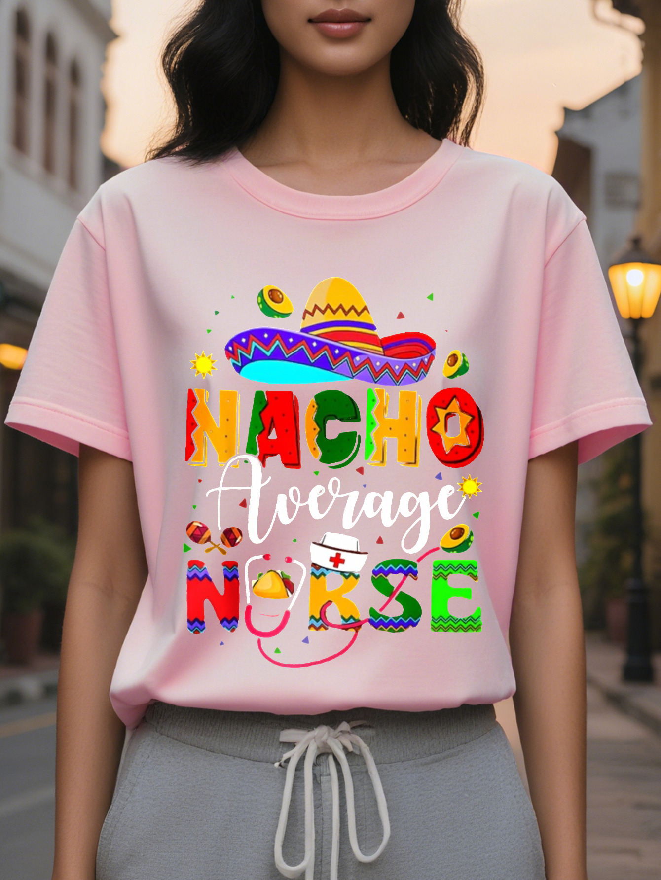 Nacho Women's Casual Short Sleeve T-Shirt Daily Color Nachos and Cheese Print Translucent Round Neck Summer Top