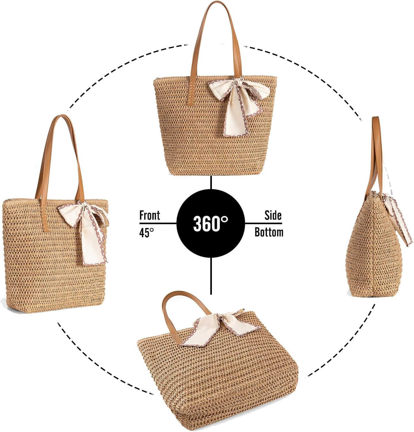 Large Straw Beach Bag Womens Handwoven Tote with Zipper Pocket 2025 Lightweight Summer Purse for Travel Work M250904