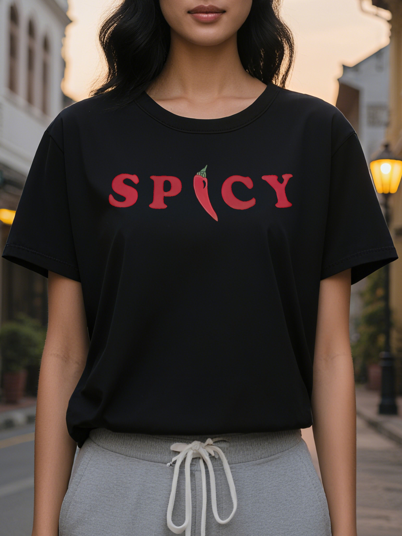 Women s White SPICY Pattern T-Shirt Short Sleeve Round Neck with Red Pepper Design Casual Summer Big Font Top