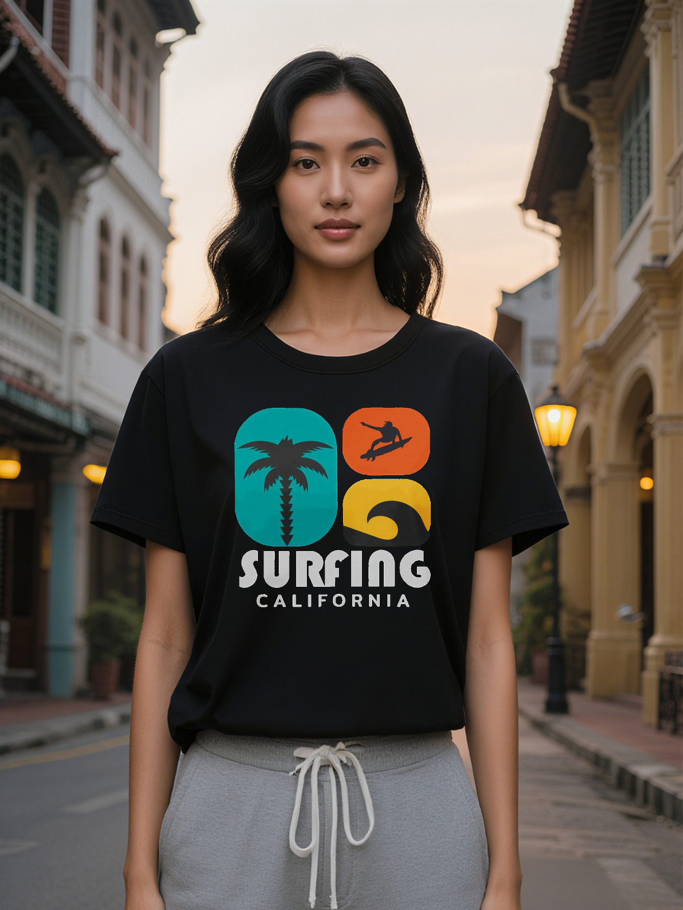 Large XL Lady Surfing California Graphic Print Round Neck T-Shirt Pure Cotton Lightweight Summer with Vibrant Surf Themed Plus Size