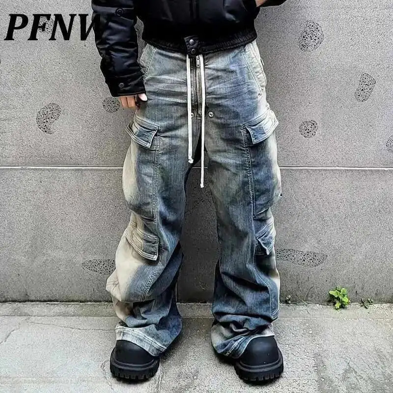 PFNW High Street Washed Vintage Gradient Multi Pocket Jeans Mens Streetwear Drawstring Wide Leg Pants Spring Trendy 28W4702 250823Z